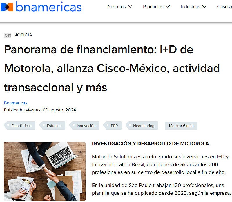 Panorama de financiamiento: I+D de Motorola, alianza Cisco-Mxico, actividad transaccional y ms